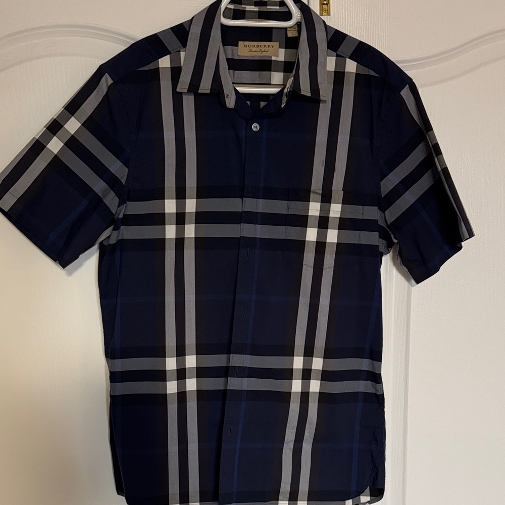 Burberry Navy Blue Black White Plaid Short Sleeve Button-Down Shirt